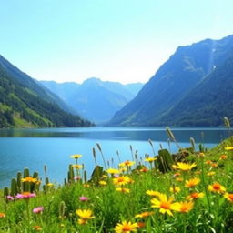 a beautiful, serene landscape featuring a tranquil lake surrounded by lush green mountains under a clear blue sky, with vibrant wildflowers in the foreground, reflecting the sunlight, evoking a sense of peace and tranquility
