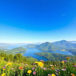 a beautiful, serene landscape featuring a tranquil lake surrounded by lush green mountains under a clear blue sky, with vibrant wildflowers in the foreground, reflecting the sunlight, evoking a sense of peace and tranquility