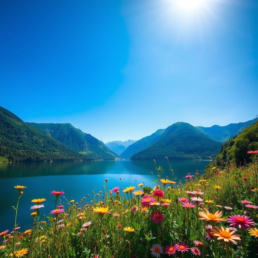 a beautiful, serene landscape featuring a tranquil lake surrounded by lush green mountains under a clear blue sky, with vibrant wildflowers in the foreground, reflecting the sunlight, evoking a sense of peace and tranquility