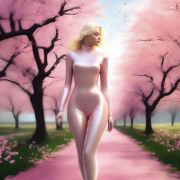 A digital art image of the highest quality, featuring a stunning blonde woman dressed in a sleek latex outfit, elegantly walking through a serene orchard of blooming peach trees