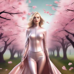 A digital art image of the highest quality, featuring a stunning blonde woman dressed in a sleek latex outfit, elegantly walking through a serene orchard of blooming peach trees