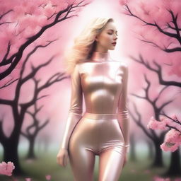 A digital art image of the highest quality, featuring a stunning blonde woman dressed in a sleek latex outfit, elegantly walking through a serene orchard of blooming peach trees