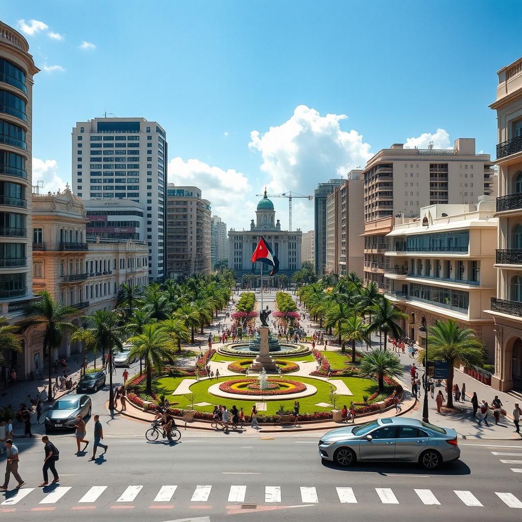 A modern view of La Habana featuring capitalist infrastructure with beautiful buildings, vibrant streets filled with people walking, and sleek modern cars driving by