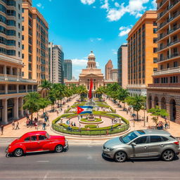 A modern view of La Habana featuring capitalist infrastructure with beautiful buildings, vibrant streets filled with people walking, and sleek modern cars driving by