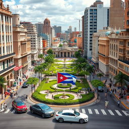 A modern view of La Habana featuring capitalist infrastructure with beautiful buildings, vibrant streets filled with people walking, and sleek modern cars driving by
