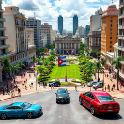 A modern view of La Habana featuring capitalist infrastructure with beautiful buildings, vibrant streets filled with people walking, and sleek modern cars driving by