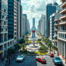 A futuristic view of La Habana with modern capitalist infrastructure showcasing numerous modern buildings and beautiful architecture