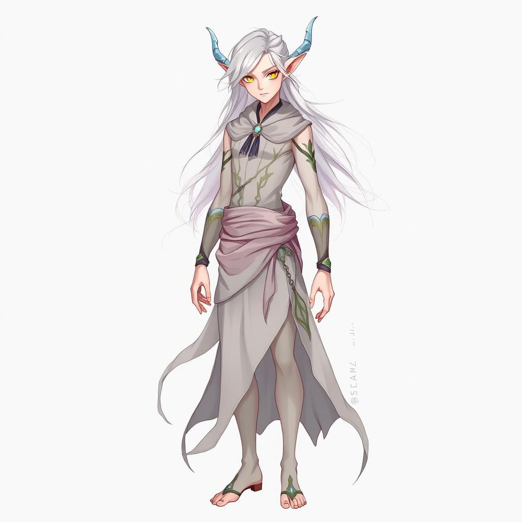 A full body portrait of a male Changeling in his true form, exhibiting slim and slightly androgynous features, with pale skin and light-colored hair flowing elegantly