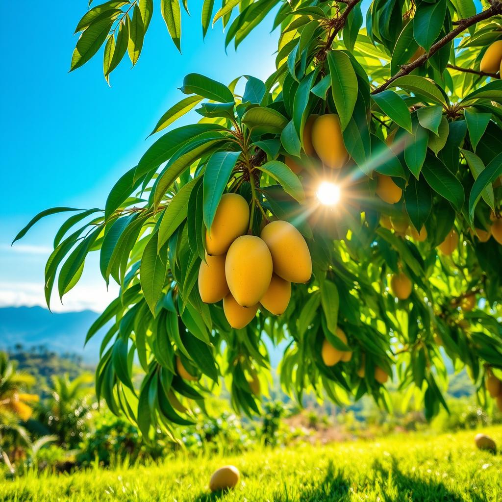 A lush mango tree in a tropical setting, showcasing its vibrant green leaves and ripe, golden mangoes hanging from the branches