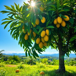 A lush mango tree in a tropical setting, showcasing its vibrant green leaves and ripe, golden mangoes hanging from the branches
