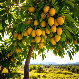 A lush mango tree in a tropical setting, showcasing its vibrant green leaves and ripe, golden mangoes hanging from the branches