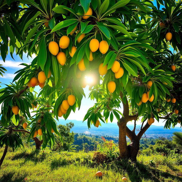 A lush mango tree in a tropical setting, showcasing its vibrant green leaves and ripe, golden mangoes hanging from the branches
