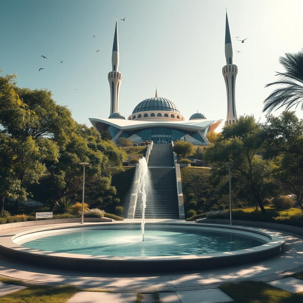 A futuristic, avant-garde mosque perched atop a hill, featuring two striking minarets