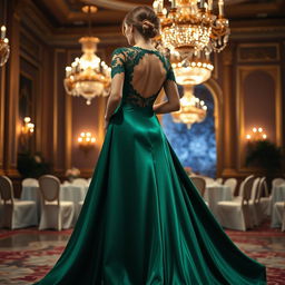 A stunning and elegant evening dress, crafted from flowing silk fabric in a rich emerald green color