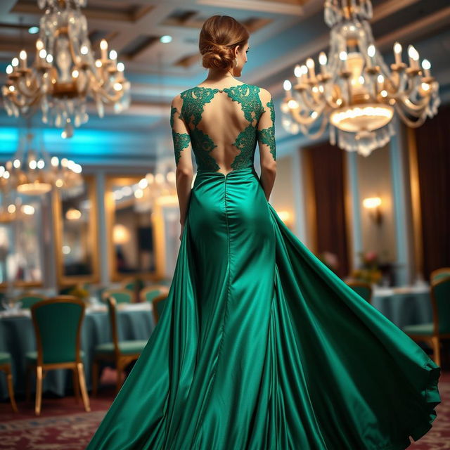 A stunning and elegant evening dress, crafted from flowing silk fabric in a rich emerald green color