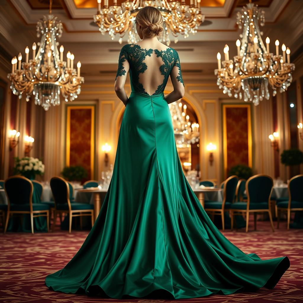 A stunning and elegant evening dress, crafted from flowing silk fabric in a rich emerald green color