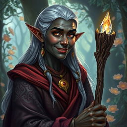 A character portrait of a Dungeons & Dragons female elf with dark black skin, portraying her as a robust and wise older woman