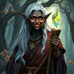 A character portrait of a Dungeons & Dragons female elf with dark black skin, portraying her as a robust and wise older woman
