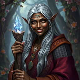 A character portrait of a Dungeons & Dragons female elf with dark black skin, portraying her as a robust and wise older woman