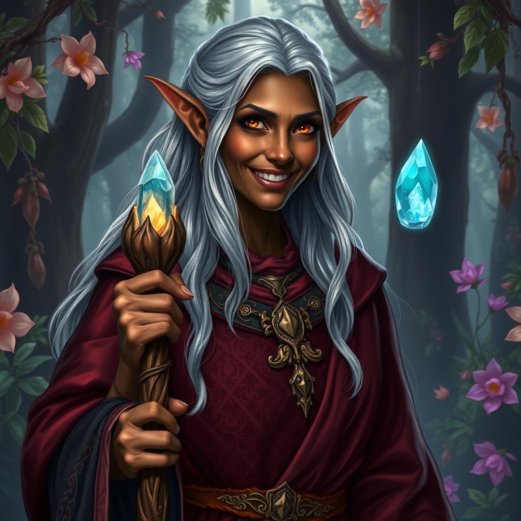 A character portrait of a Dungeons & Dragons female elf with dark black skin, portraying her as a robust and wise older woman