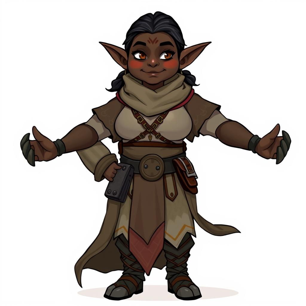 A full-body illustration of a female black-skinned fat old elf character, showcasing her unique features such as pointed ears, wise wrinkles, and a vibrant personality