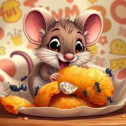 A cute cartoon mouse happily nibbling on a piece of crispy fried chicken, with a few cartoon ants playfully climbing on the chicken and the warm, inviting fast-food setting