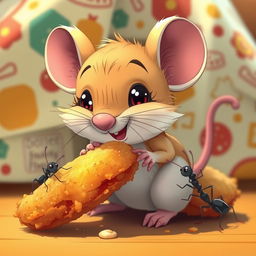 A cute cartoon mouse happily nibbling on a piece of crispy fried chicken, with a few cartoon ants playfully climbing on the chicken and the warm, inviting fast-food setting