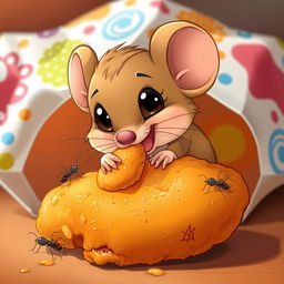 A cute cartoon mouse happily nibbling on a piece of crispy fried chicken, with a few cartoon ants playfully climbing on the chicken and the warm, inviting fast-food setting