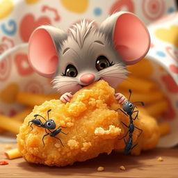 A cute cartoon mouse happily nibbling on a piece of crispy fried chicken, with a few cartoon ants playfully climbing on the chicken and the warm, inviting fast-food setting