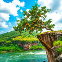 A stunning mango tree laden with ripe yellow mangoes perched on the edge of a dramatic cliff, overlooking a lush green hill
