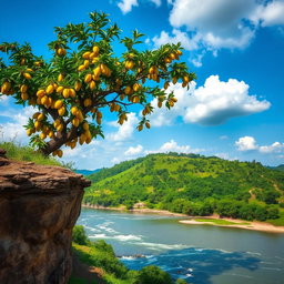 A stunning mango tree laden with ripe yellow mangoes perched on the edge of a dramatic cliff, overlooking a lush green hill