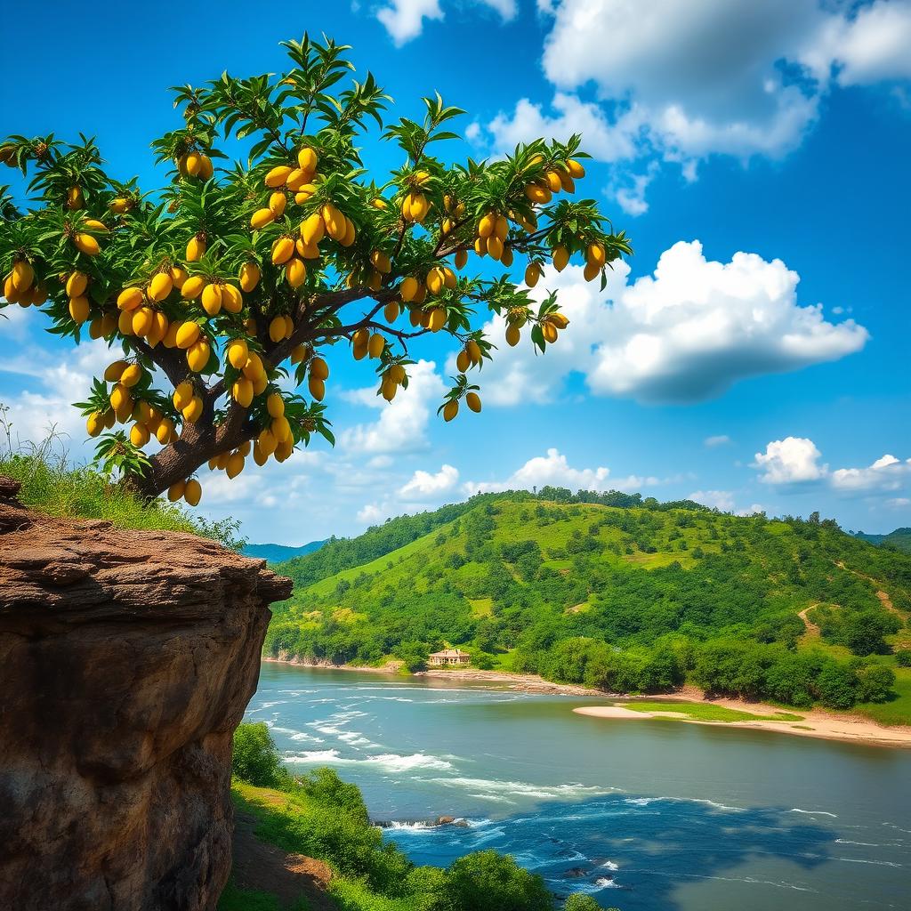 A stunning mango tree laden with ripe yellow mangoes perched on the edge of a dramatic cliff, overlooking a lush green hill