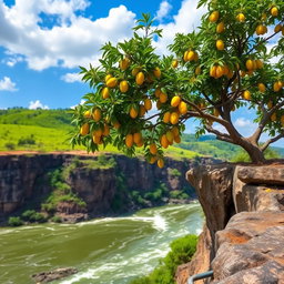 A stunning mango tree laden with ripe yellow mangoes perched on the edge of a dramatic cliff, overlooking a lush green hill