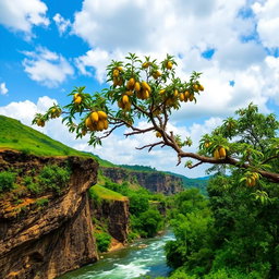 A stunning mango tree laden with ripe yellow mangoes perched on the edge of a dramatic cliff, overlooking a lush green hill