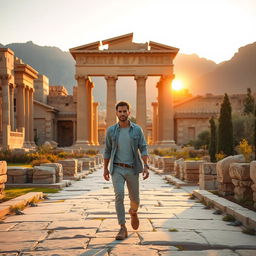 A modern person dressed in casual contemporary clothing, walking through an ancient Persian city, inspired by Achaemenid architecture