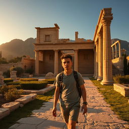 A modern person dressed in casual contemporary clothing, walking through an ancient Persian city, inspired by Achaemenid architecture