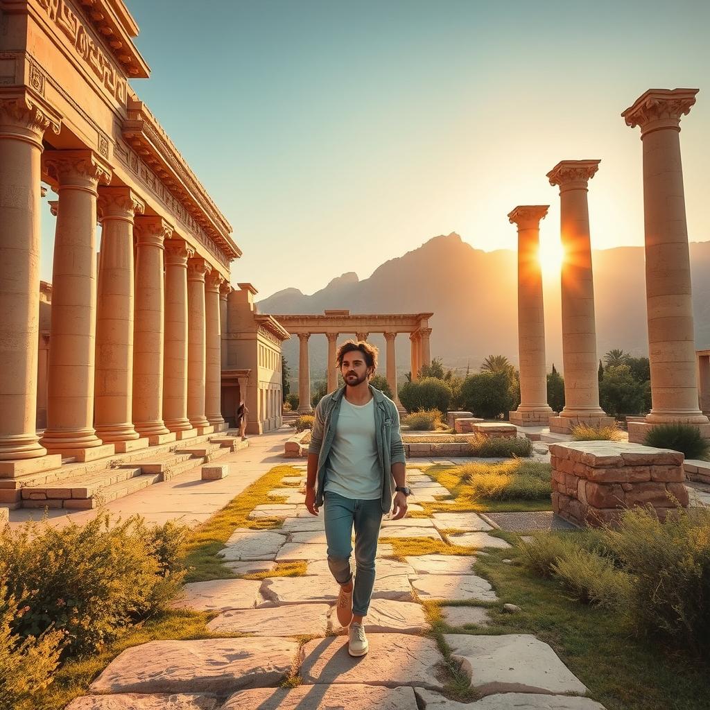 A modern person dressed in casual contemporary clothing, walking through an ancient Persian city, inspired by Achaemenid architecture