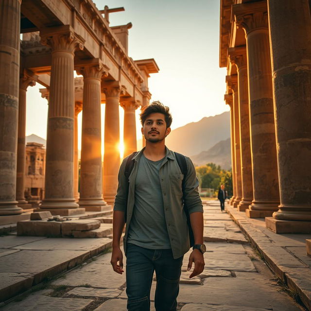 A modern person dressed in casual contemporary clothing, walking through an ancient Persian city, inspired by Achaemenid architecture
