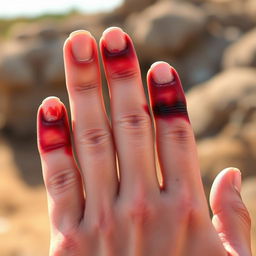 A close-up image of a hand with noticeable burns on the fingertips