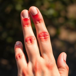 A close-up image of a hand with noticeable burns on the fingertips