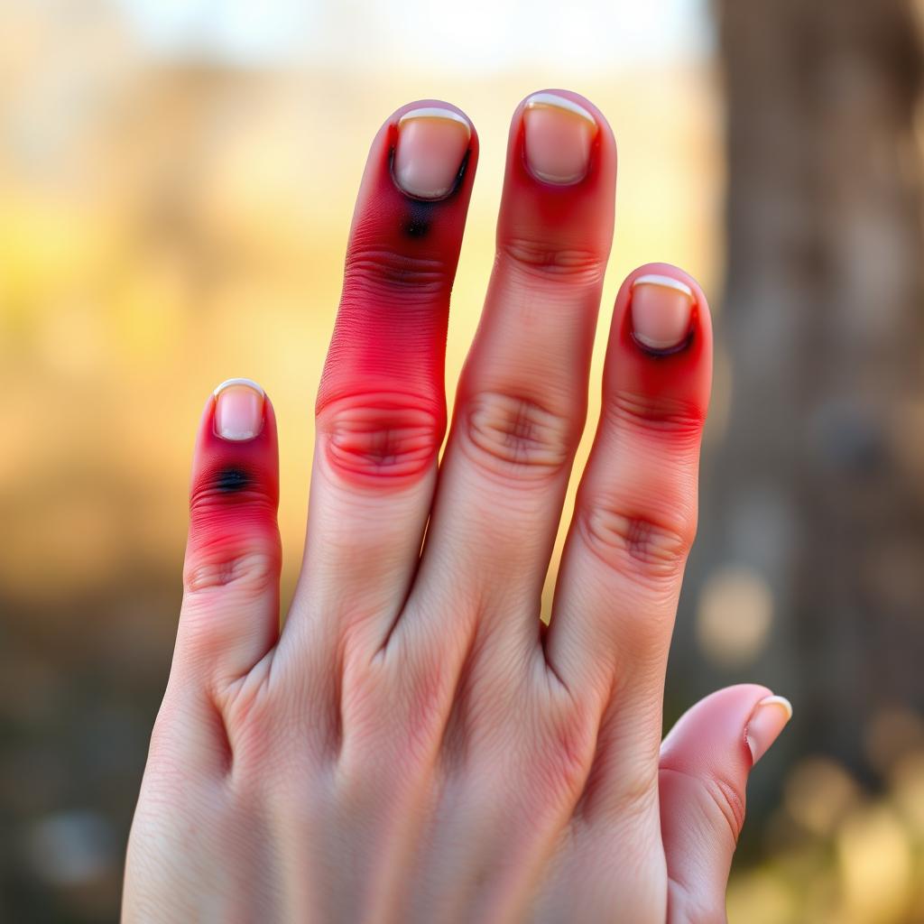 A close-up image of a hand with noticeable burns on the fingertips