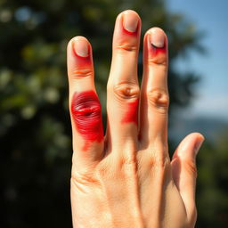 A close-up image of a hand with noticeable burns on the fingertips