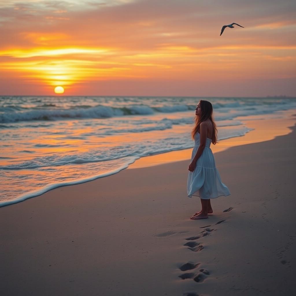 A serene beach scene at sunset, with waves gently crashing on the shore, golden sand glistening under the vibrant orange and purple sky