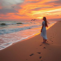 A serene beach scene at sunset, with waves gently crashing on the shore, golden sand glistening under the vibrant orange and purple sky