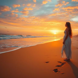 A serene beach scene at sunset, with waves gently crashing on the shore, golden sand glistening under the vibrant orange and purple sky