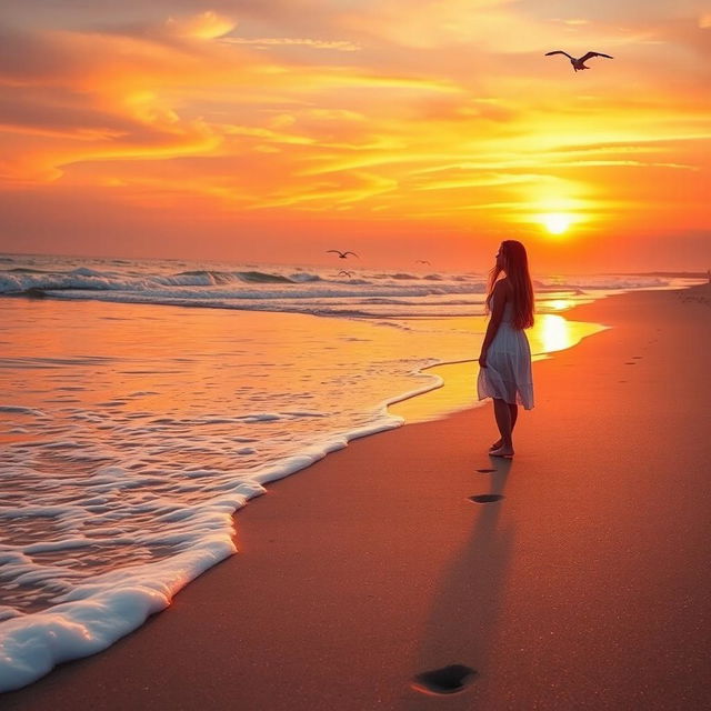 A serene beach scene at sunset, with waves gently crashing on the shore, golden sand glistening under the vibrant orange and purple sky