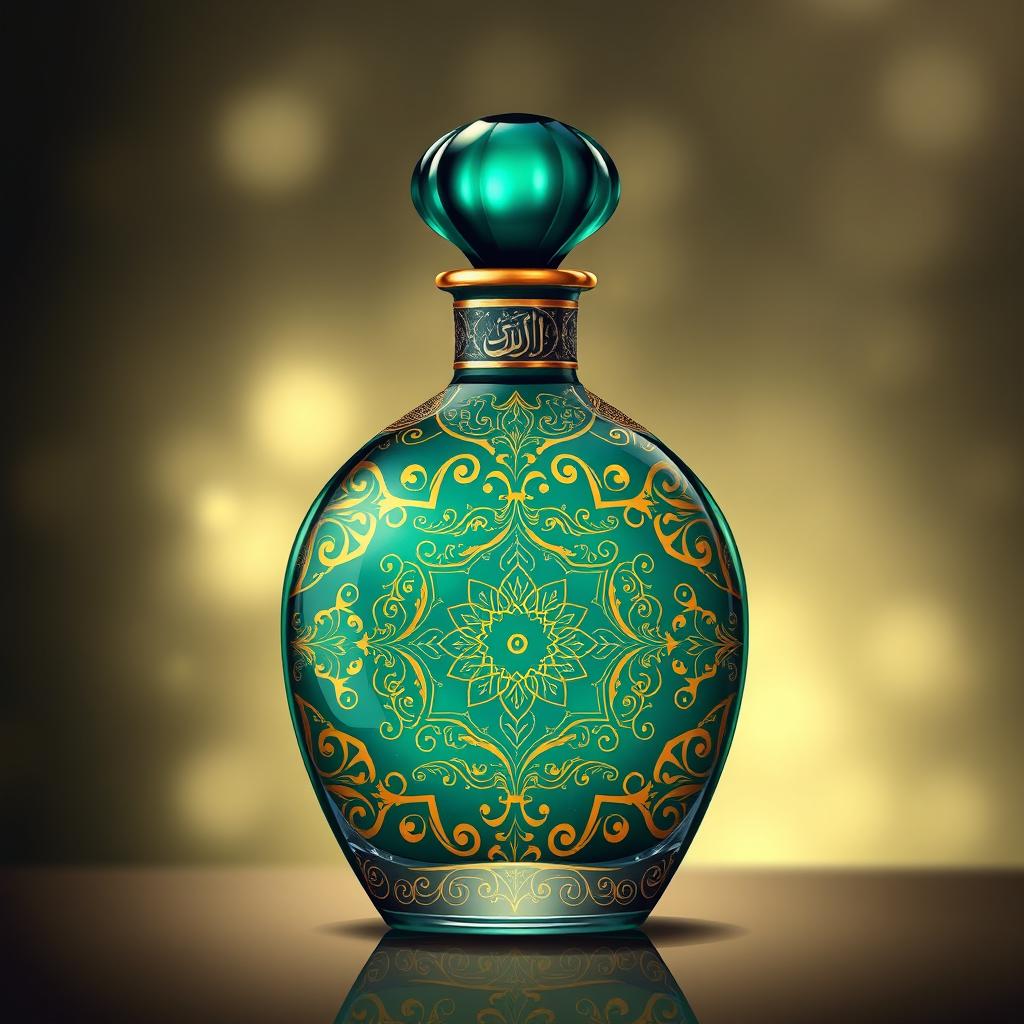 A beautifully designed illustration of a perfume bottle featuring intricate Islamic Arabic patterns and designs