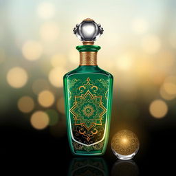 A beautifully designed illustration of a perfume bottle featuring intricate Islamic Arabic patterns and designs