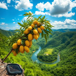 A mango tree heavy with ripe yellow mangoes, perched on the edge of a cliff