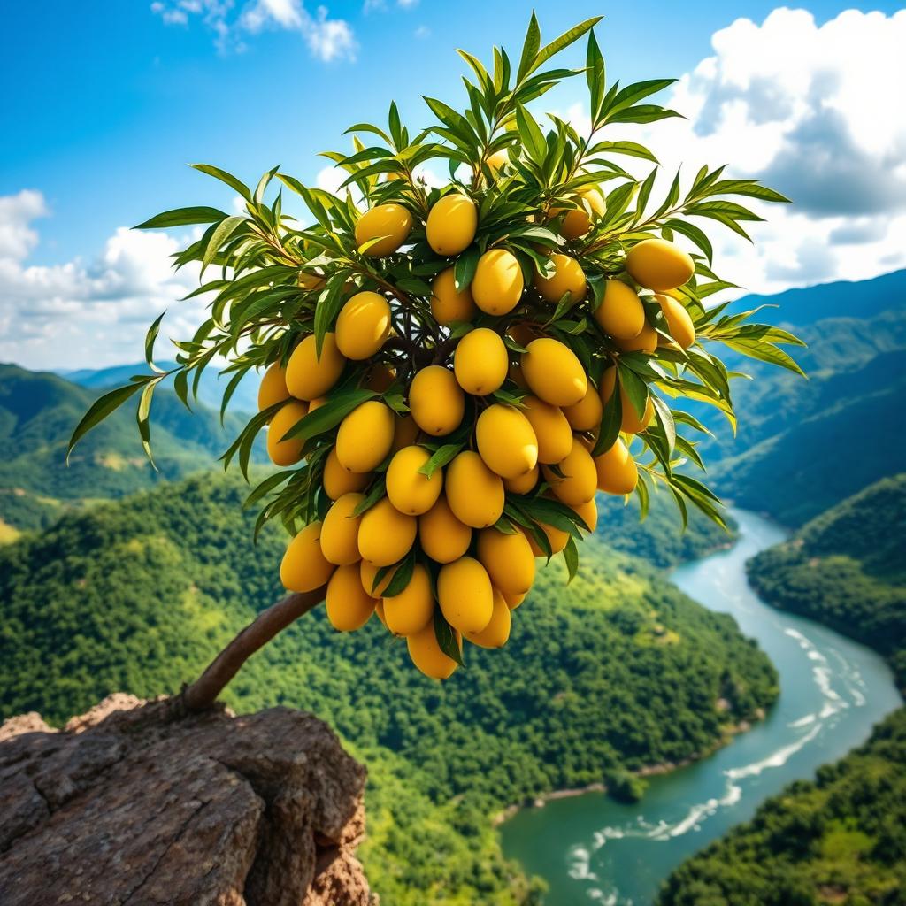A mango tree heavy with ripe yellow mangoes, perched on the edge of a cliff